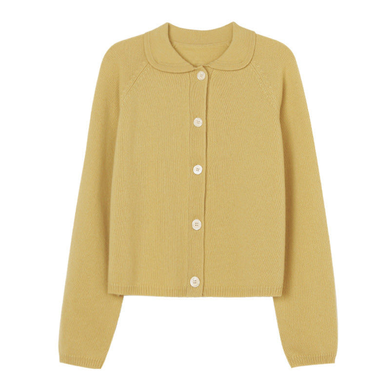 White Lapel Knitted Cardigan Loose Solid Color