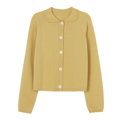 White Lapel Knitted Cardigan Loose Solid Color