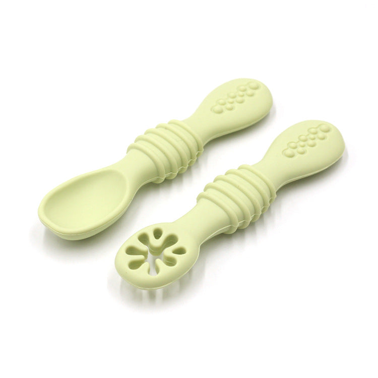 Baby Eating Training Set Toddler Feeding Silicone Sticky Spoon Fork