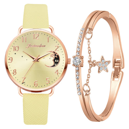 Women's Pu Strap Moon Pattern Quartz Watch Set