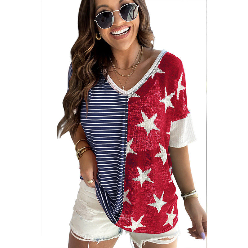 New Patchwork Striped XINGX Printed Short Sleeve Women
