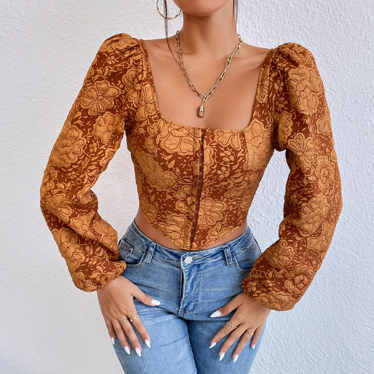 Embroidered Small Tank Top With Long Sleeved Buttons