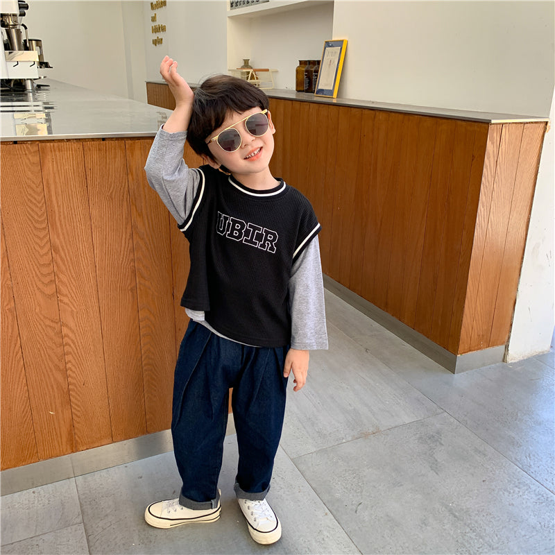 Boys' Spliced Sleeve Two Piece Crew Neck