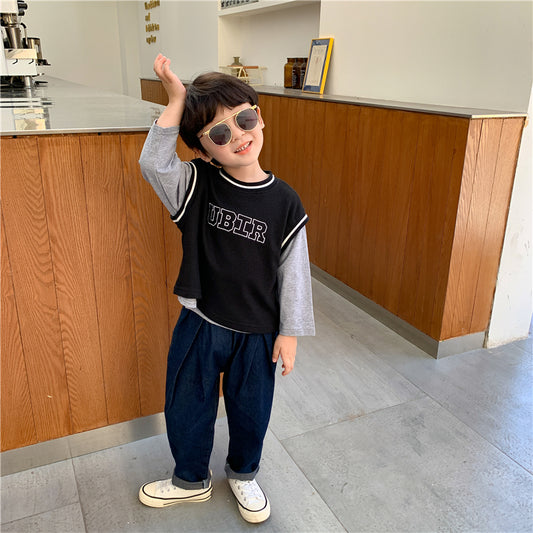 Boys' Spliced Sleeve Two Piece Crew Neck
