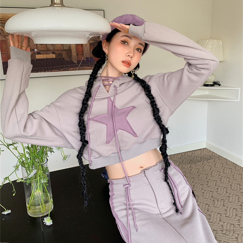 Retro Niche Five-pointed Star Hooded Short Purple Sweater Women