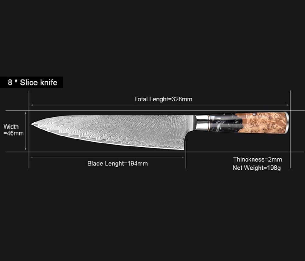 Damascus Steel Black Stabilized Wood Resin Handle Kitchen Knife