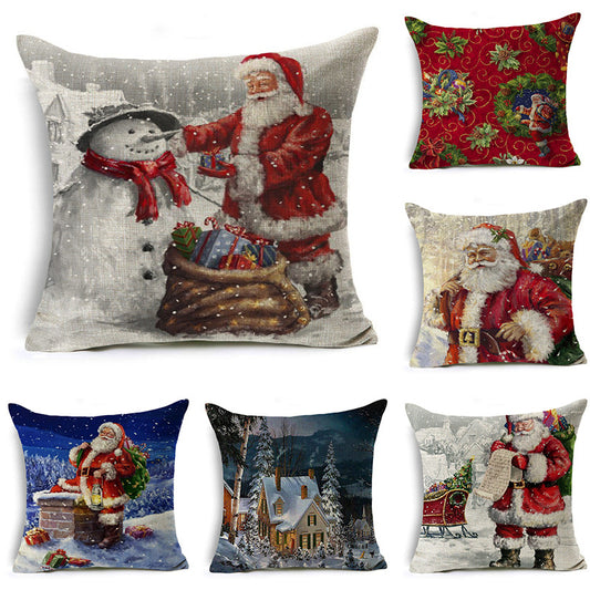 Santa Claus Printed Linen Pillowcase Holiday Decoration