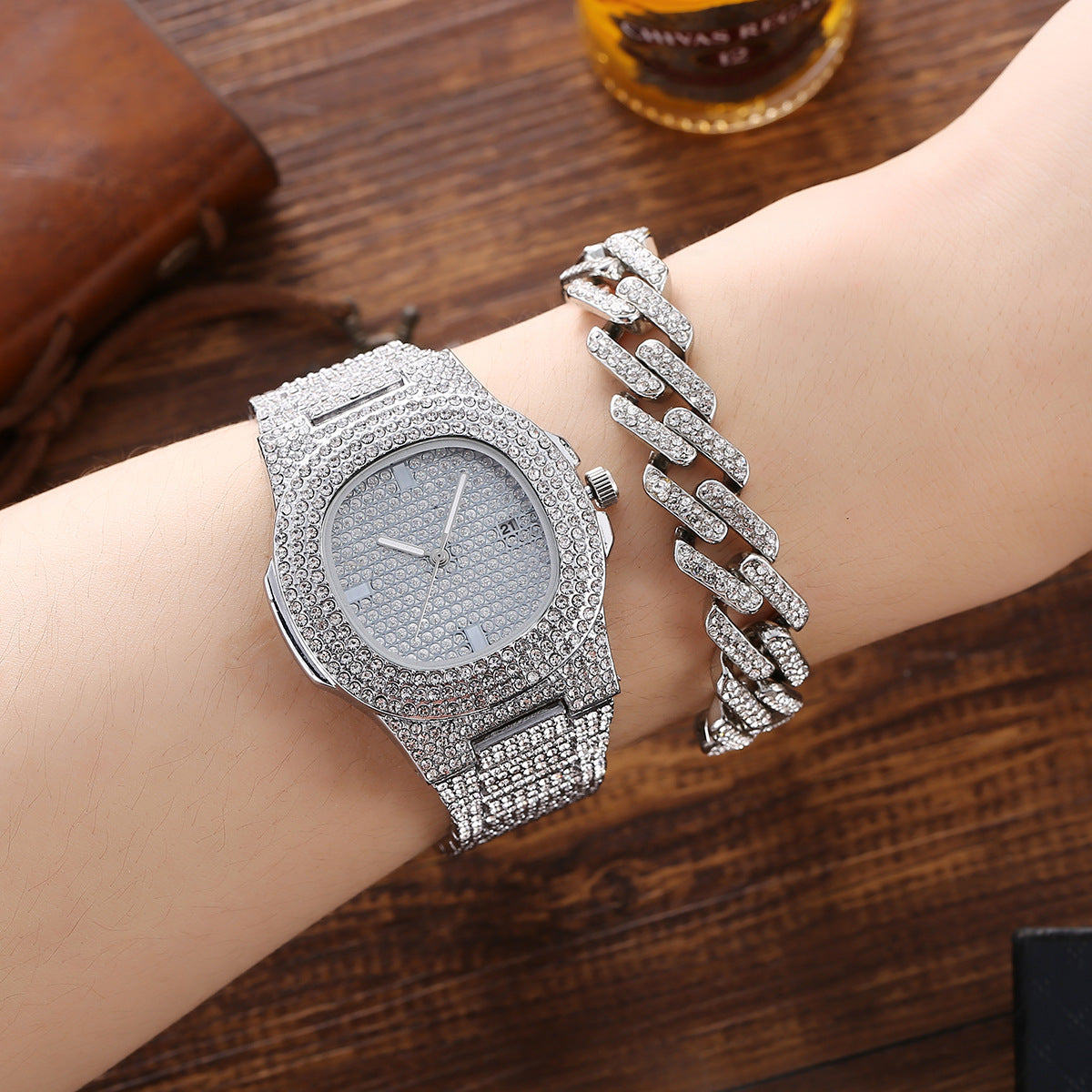 Hip Hop Full Rhinestone Diamond Steel Band Quartz Watch Necklace Bracelet