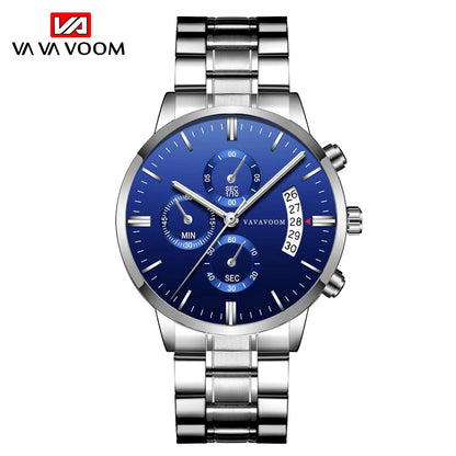 Men's Stainless Steel With Business Casual Calendar Quartz Watch Waterproof Black Fine Steel