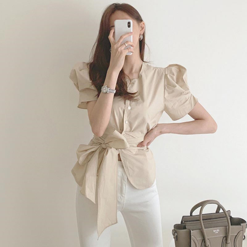 Ladies Temperament Round Neck Single-breasted Tie-waist Top