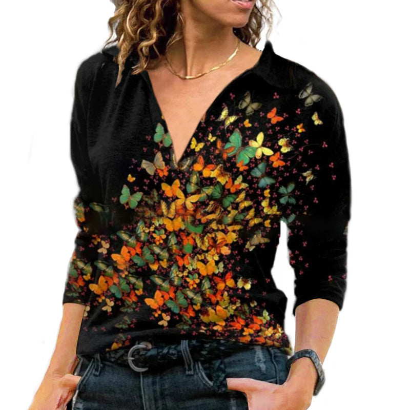 Ladies Retro Print V Neck Long Sleeves