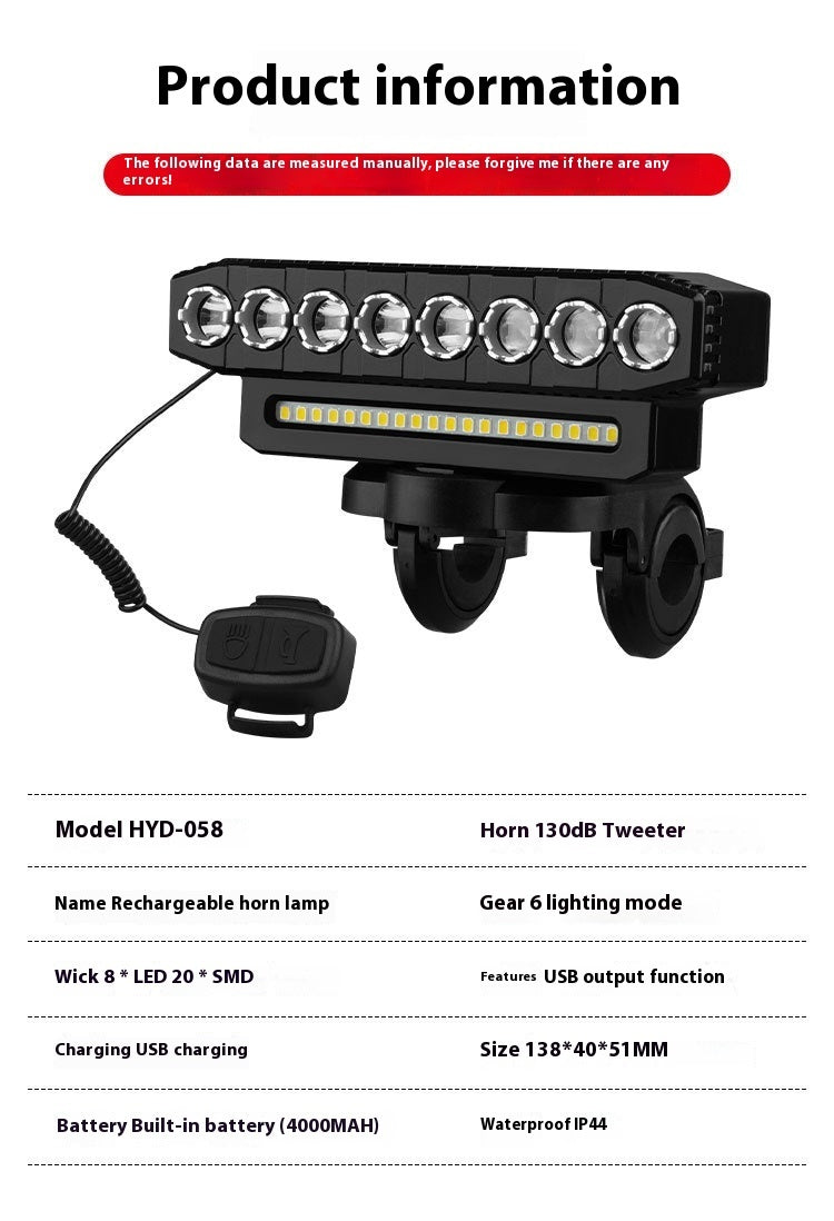 Super Bright Bicycle Light Night Riding ABS Horizontal Headlight With Horn