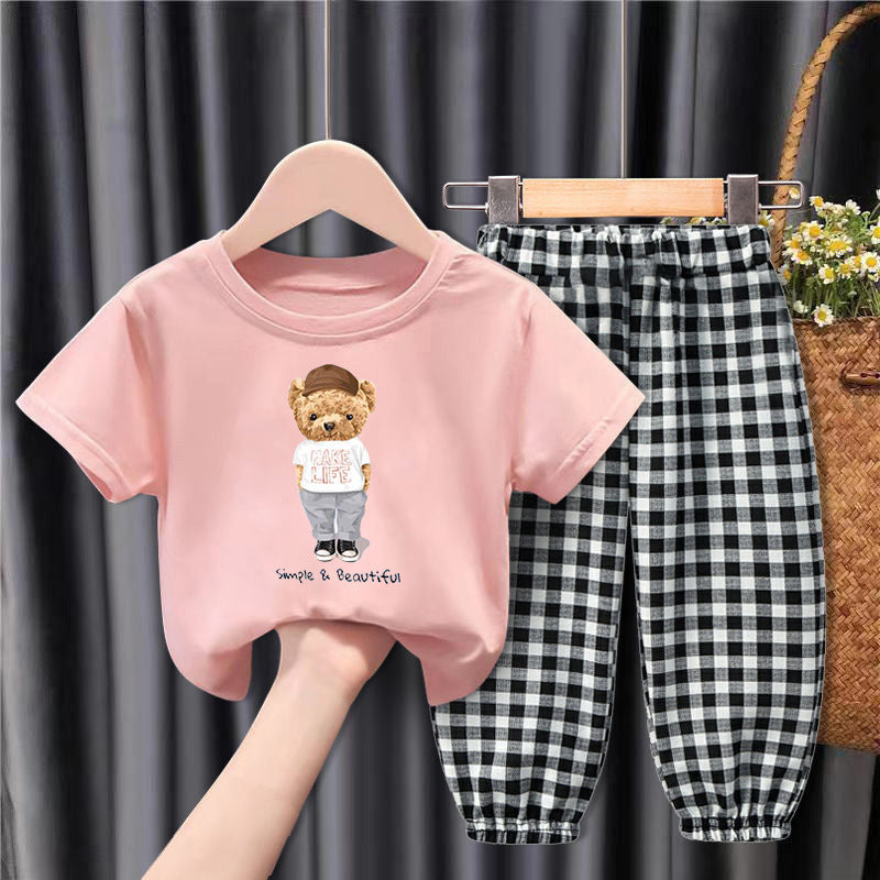Middle-aged Children's Fashionable And Handsome Loose Plaid Anti-mosquito Pants Two-piece Suit