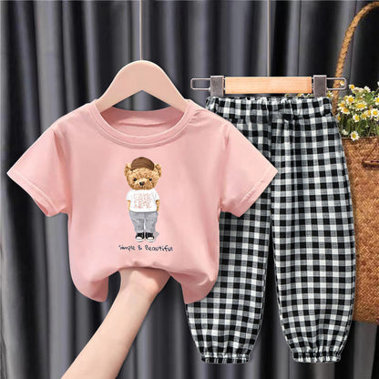 Middle-aged Children's Fashionable And Handsome Loose Plaid Anti-mosquito Pants Two-piece Suit