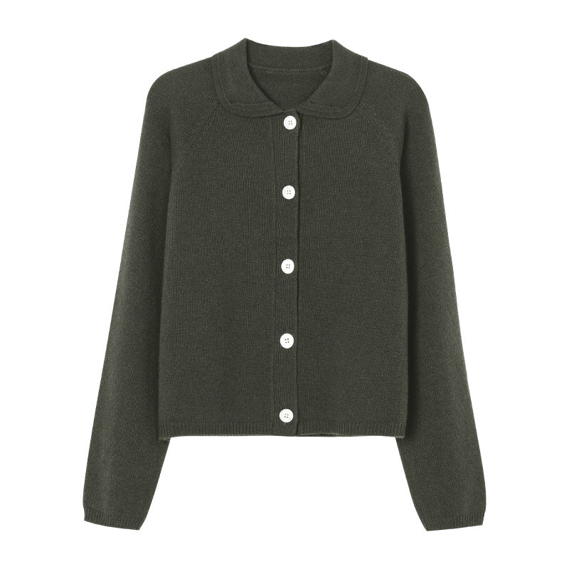 White Lapel Knitted Cardigan Loose Solid Color