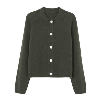 White Lapel Knitted Cardigan Loose Solid Color