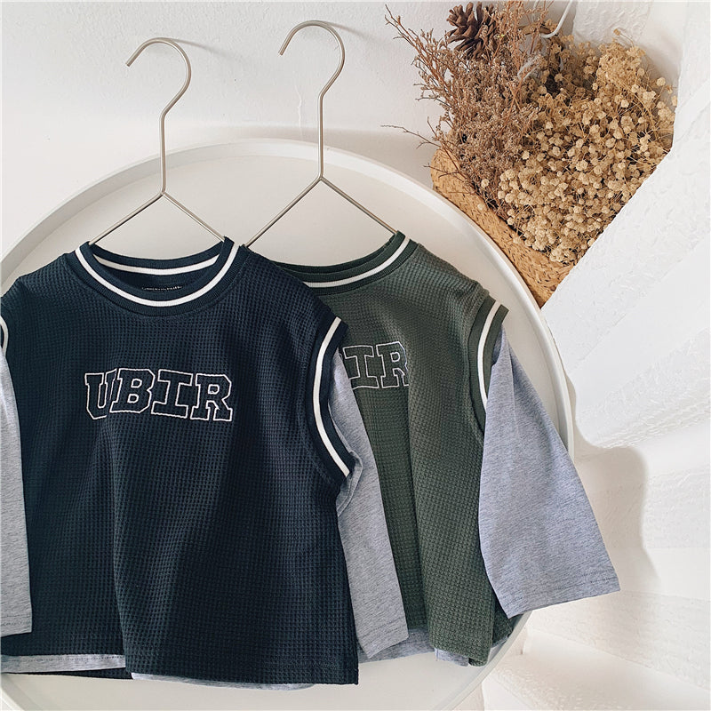 Boys' Spliced Sleeve Two Piece Crew Neck