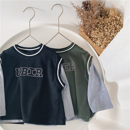 Boys' Spliced Sleeve Two Piece Crew Neck