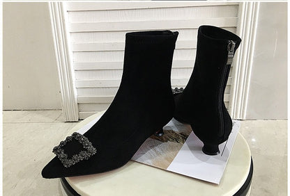 Rhine-drill Pointed High Heels Square Buckle Elastic Boots Large Size Ankle Boots Low Heel