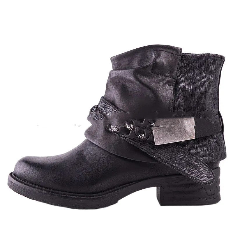 Large Size Leather Boots 43 Size Short Boots Square Heel Thick Heel Rhinestone Side Link Women's Boots