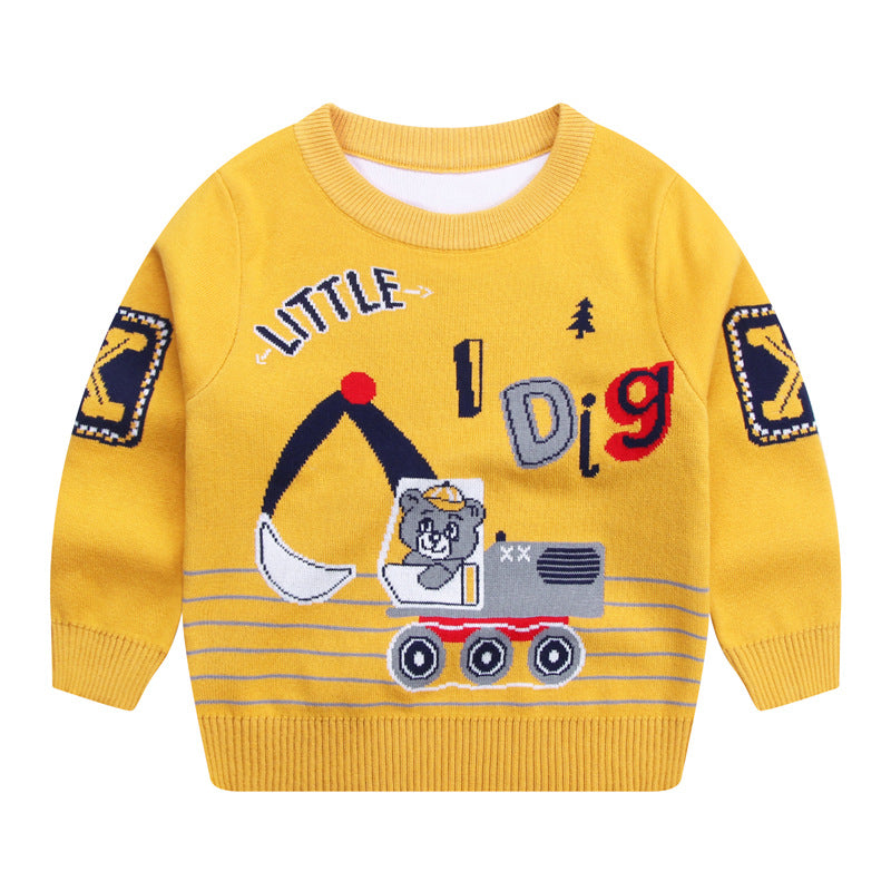 Autumnwinter New Cotton Line Cartoon Bear Excavator Boy's PulloverChildren's Long-sleeved Sweater