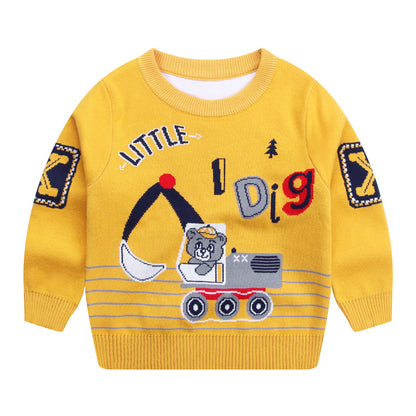 Autumnwinter New Cotton Line Cartoon Bear Excavator Boy's PulloverChildren's Long-sleeved Sweater