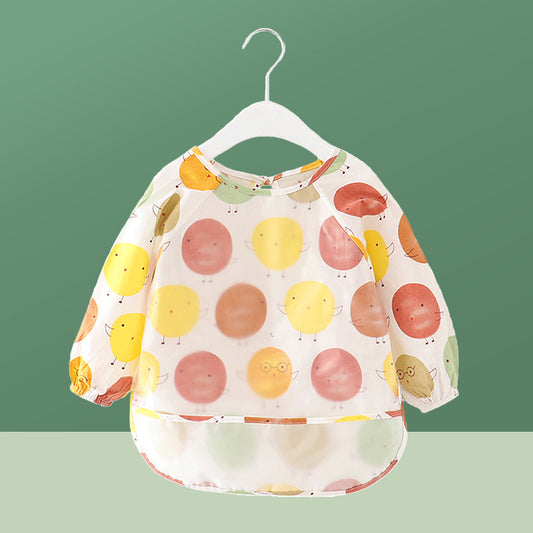 Children In Waterproof Overalls Wear Bibs For Eating