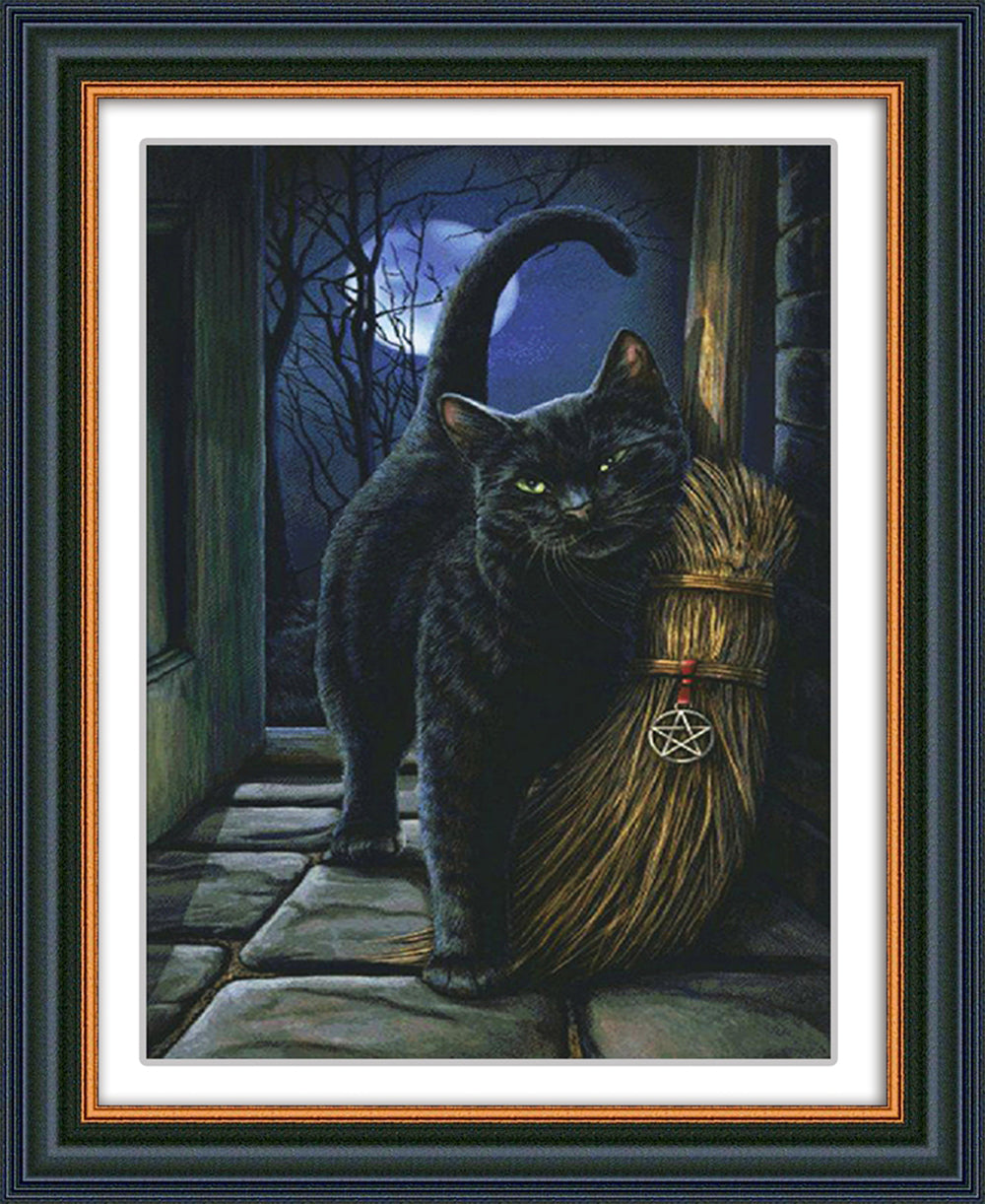 5D Diamond Painting Cat And Broom, Full Embroidery, Art,