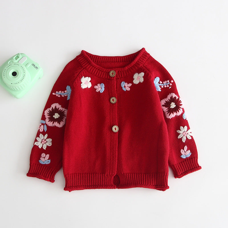 Embroidered Chain Link Knit Cardigan Button Sweater