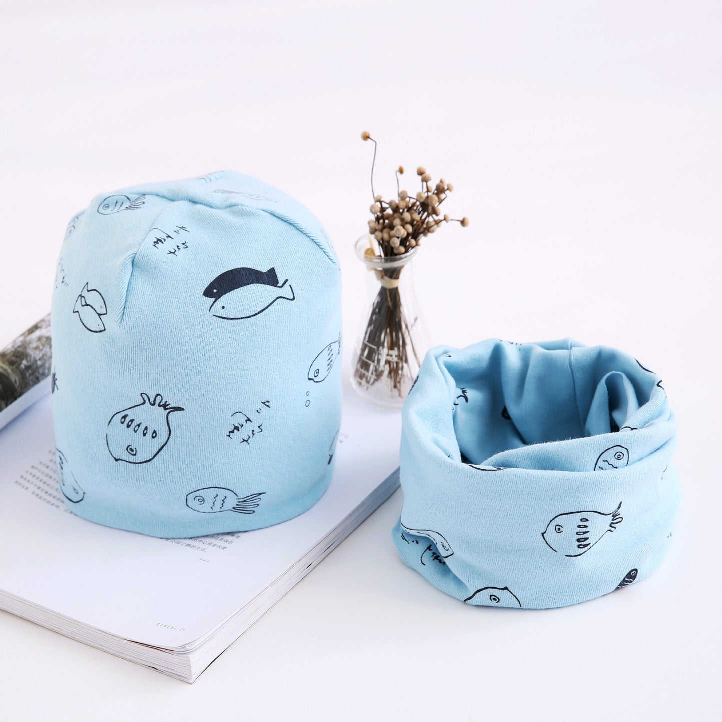 New Arrival Of Autumn And Winter Scarf Two-piece Set Baby Cotton Bandana Hat Set Children's Ornaments Wholesale Small Fish