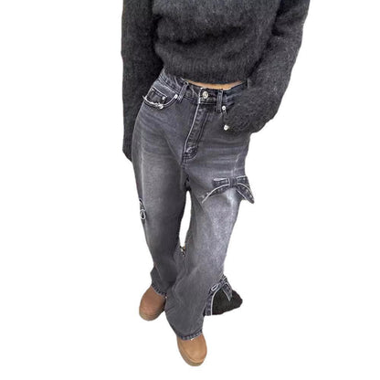 High Waist Slimming Casual Straight-leg Bow Washed Jeans Women's Pants
