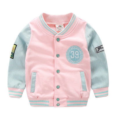 Boys And Girls Label Baseball Uniform Color Block Striped Jacket