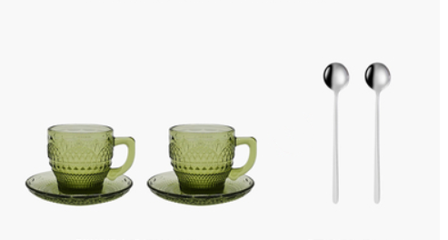 Glass Coffee Cup And Saucer Thick Heat-resistant Classical Flower Tea Cup Retro Color Ice Cream Cup