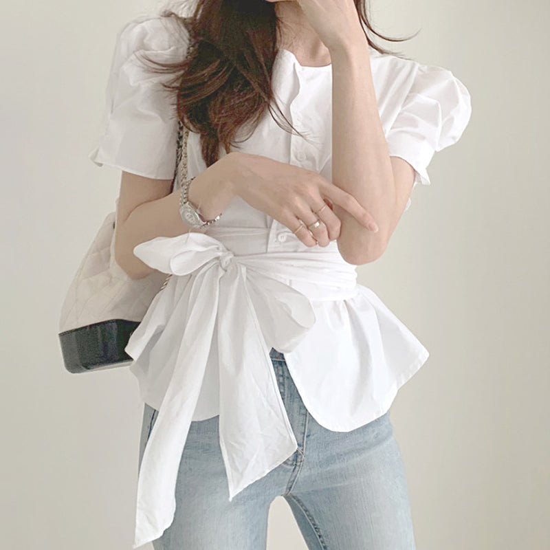 Ladies Temperament Round Neck Single-breasted Tie-waist Top