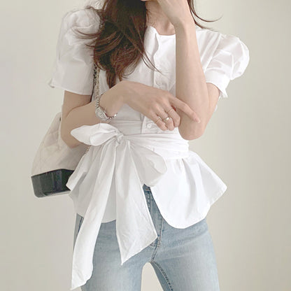 Ladies Temperament Round Neck Single-breasted Tie-waist Top