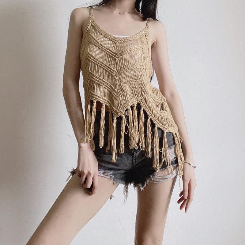 Hollow Tassel Wave Blouse Hand Crocheting Knitted Camisole For Women