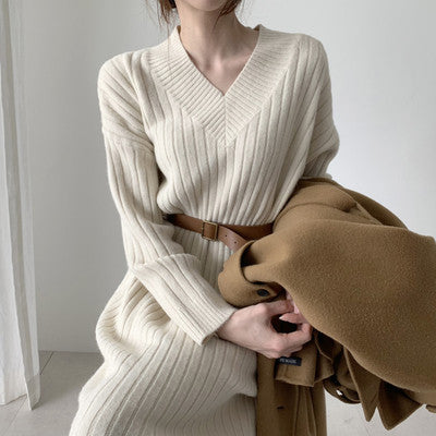 Autumn And Winter Women's Mid-length Over-the-knee Base Sweater Dress