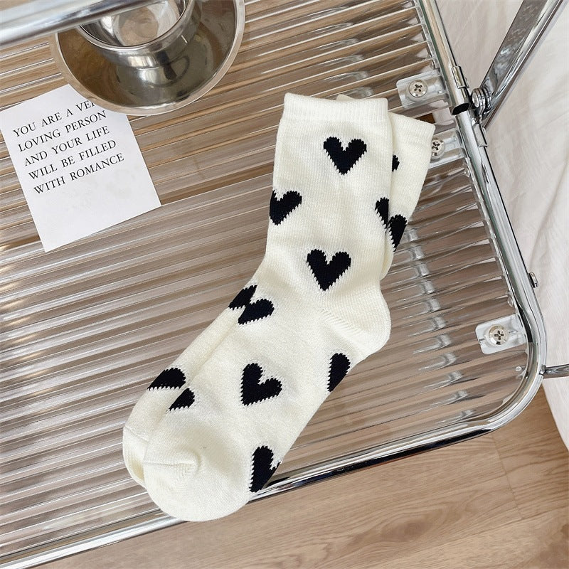 Color Matching Thick Thread Colored Loving Heart Pure Cotton Mid-calf Length Socks