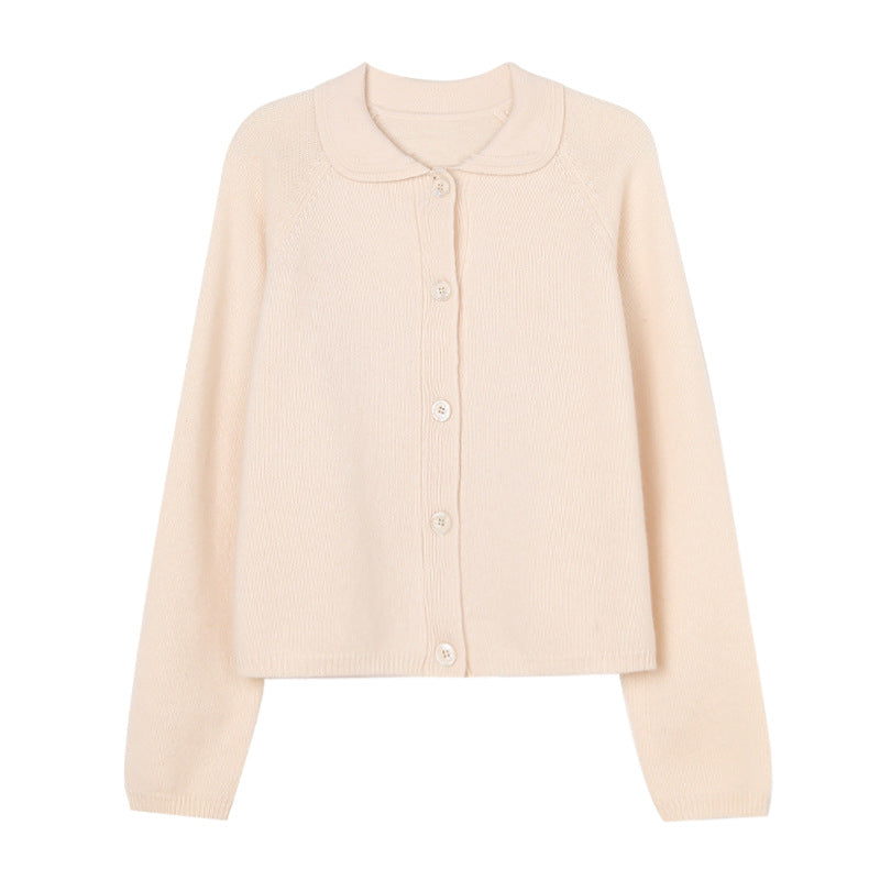 White Lapel Knitted Cardigan Loose Solid Color