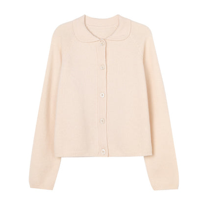 White Lapel Knitted Cardigan Loose Solid Color
