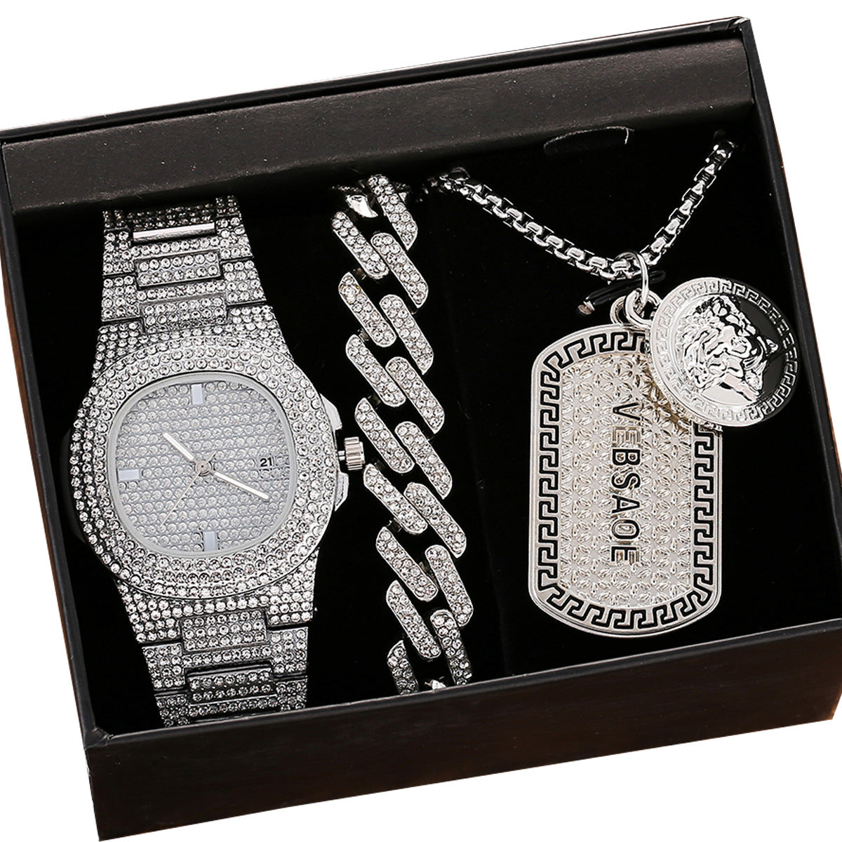 Hip Hop Full Rhinestone Diamond Steel Band Quartz Watch Necklace Bracelet