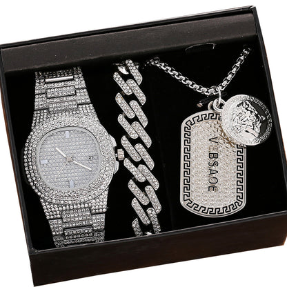 Hip Hop Full Rhinestone Diamond Steel Band Quartz Watch Necklace Bracelet