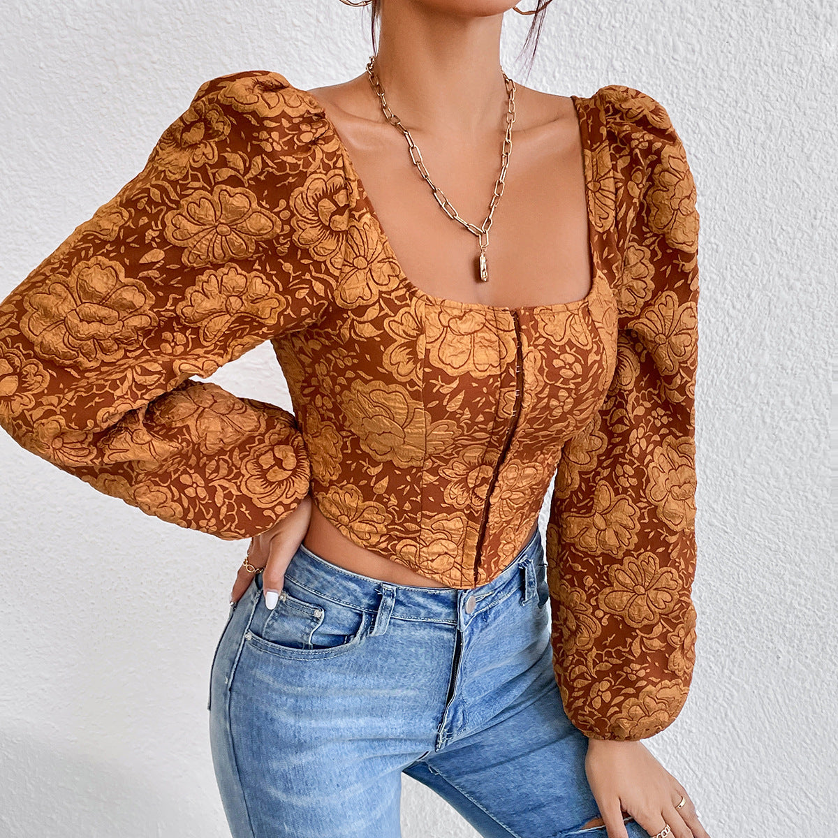 Embroidered Small Tank Top With Long Sleeved Buttons