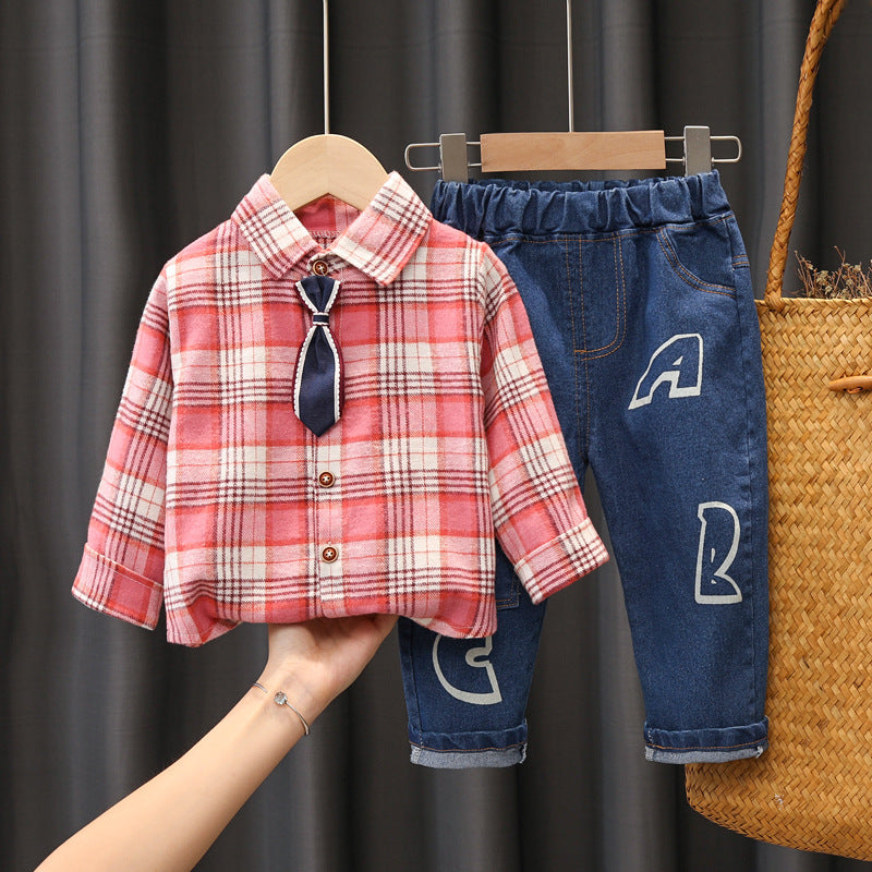 Boys Suit New Casual Sports Plaid Shirt
