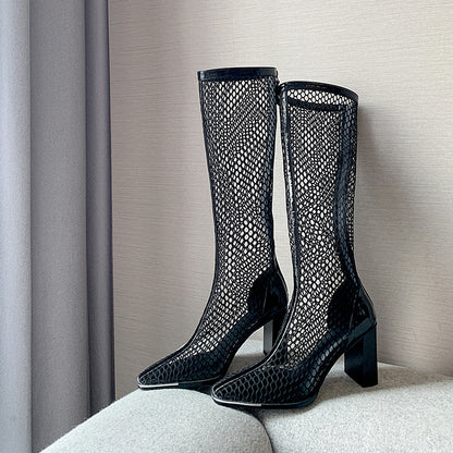 Chunky Heel Boots Mesh Back Zip Black