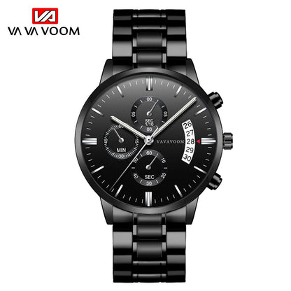 Men's Stainless Steel With Business Casual Calendar Quartz Watch Waterproof Black Fine Steel