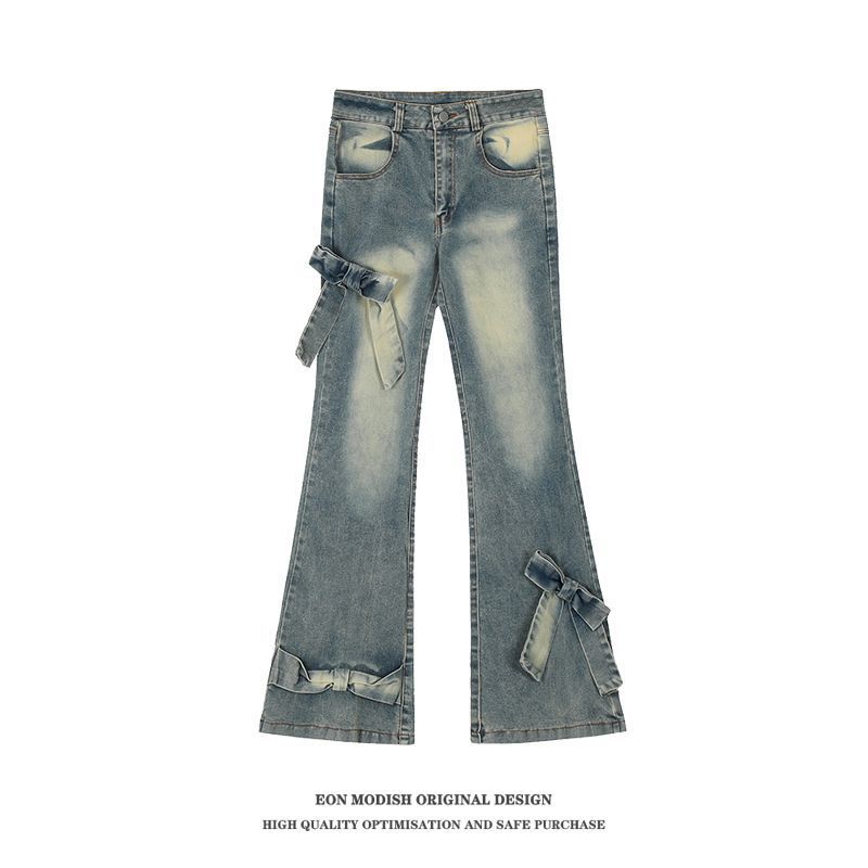 Real Shot American Retro Cute Bow Denim Trousers