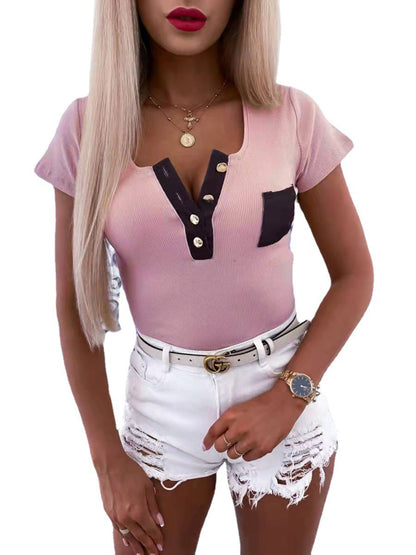 Women's Solid Color Fashion Slim Fit Pullover Button T-shirt Top