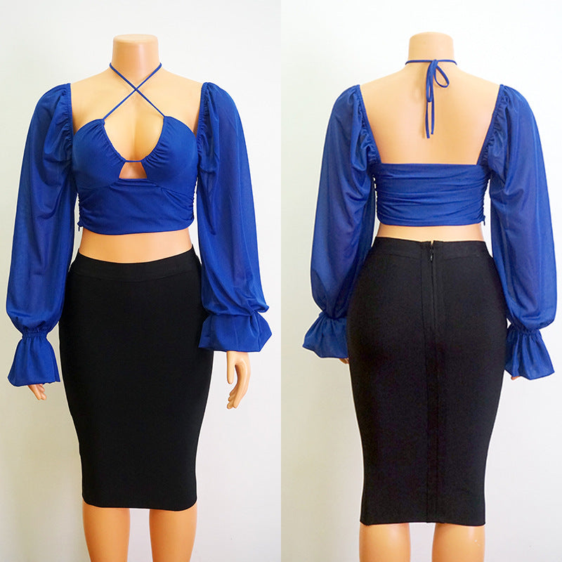 Ladies Lantern Sleeve Halter  Lace-up Top