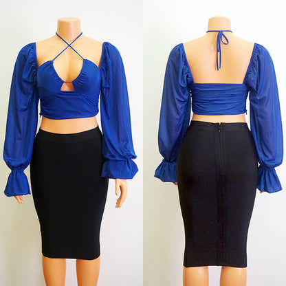 Ladies Lantern Sleeve Halter  Lace-up Top
